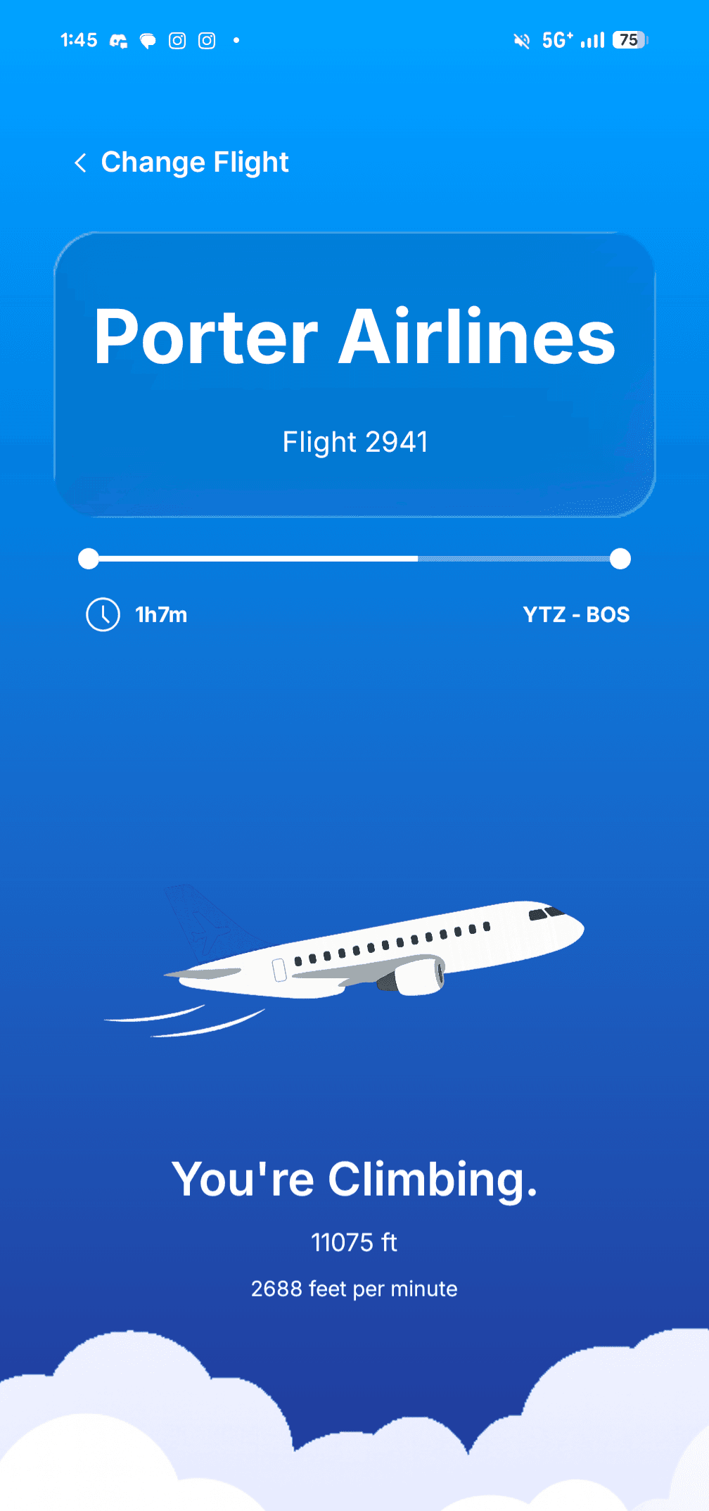 The FlightStages app showing live flight stage information in flight.